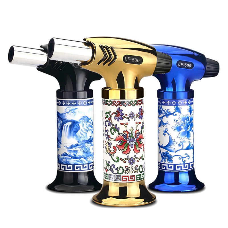 Luxury Torch Lighter Windproof Refillable Butane Gas Gigar Lighters with Continuous Fire Jet Flame Pipe Lighters for Smoking Camping Outdoor Barb-image-745339776