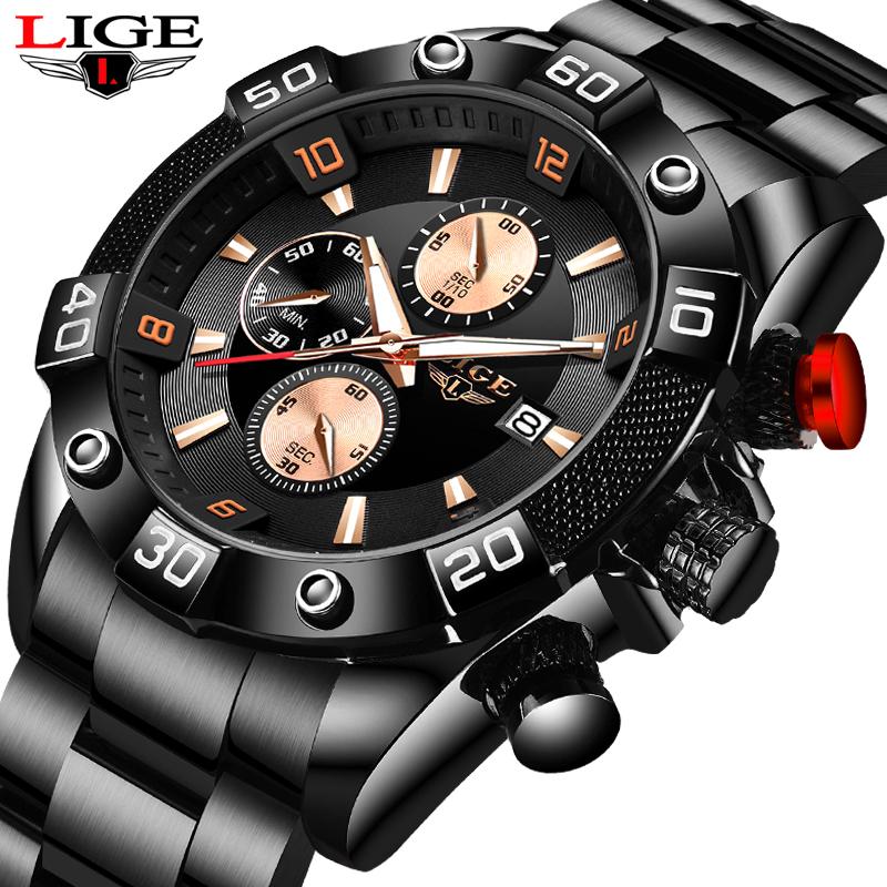 

Wristwatches LIGE Mens Watches 40mm Big Watch Men Top All Black Hand Military Sport Wristwatch Waterproof Relogio Masculino, Slivery;brown