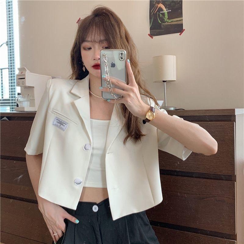 

Women' Suits & Blazers Summer Fashion Chic Casual Loose All Match Women Solid Short Sleeve Cropped Blazer Single-breasted Outwear Tops Vint, Black