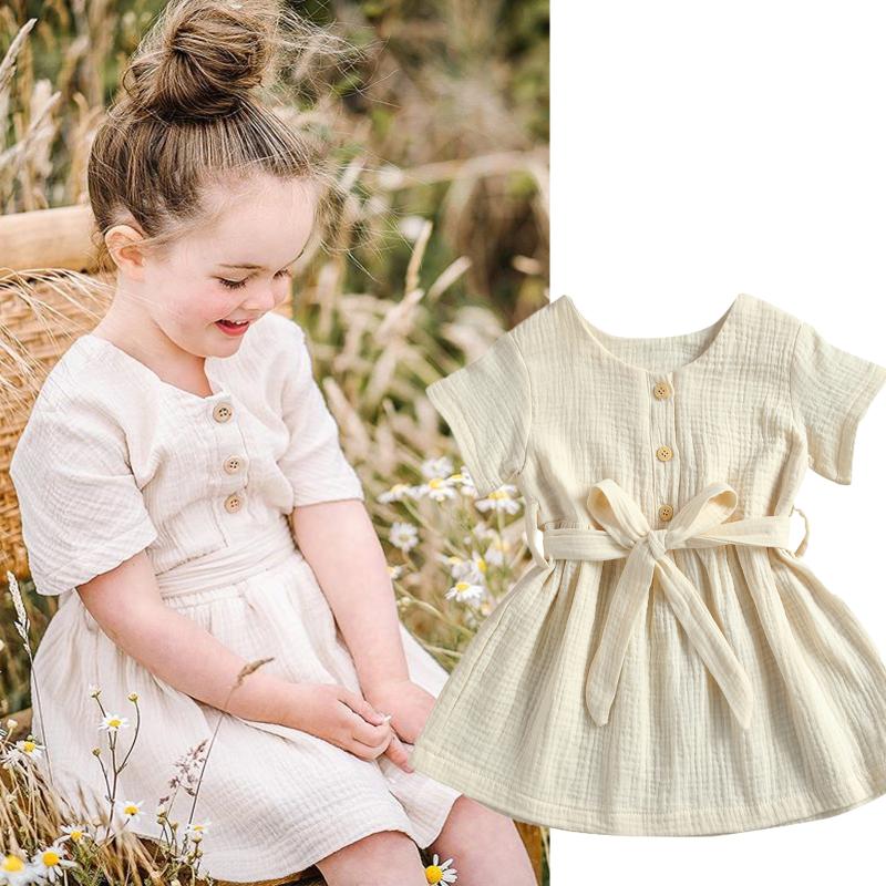 

pudcoco Girls Casual Short-sleeved Dress with Belt Fashion Solid Color Button V-neck Children Princess Dress 6 Months to 4 Years, As pic