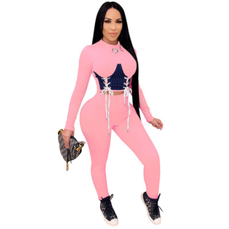 

Ladies Splicing Colors Skinny Sets Fashion Trend Bandage Long Sleeve Round Neck Tops Pant Suits Designer Female Spring New Casual Tracksuits, Black;white
