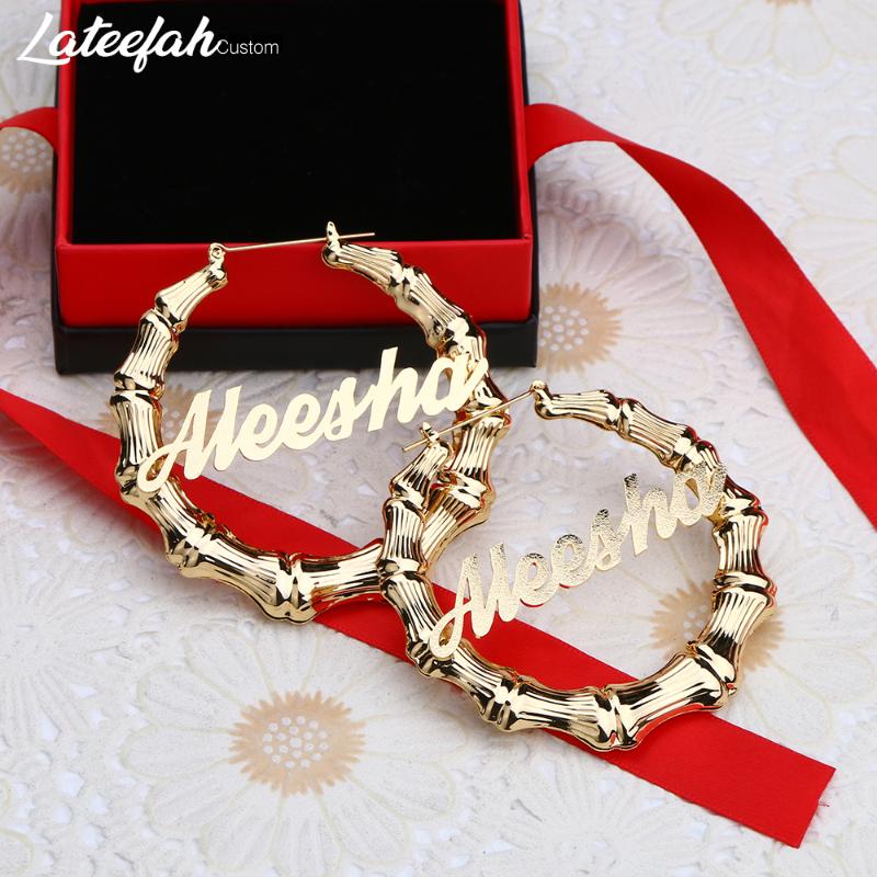 

Hoop & Huggie Lateefah Custom Stainless Steel Frosted Name Earrings For Women Personality Letter Gold Bamboo Circle Jewelry