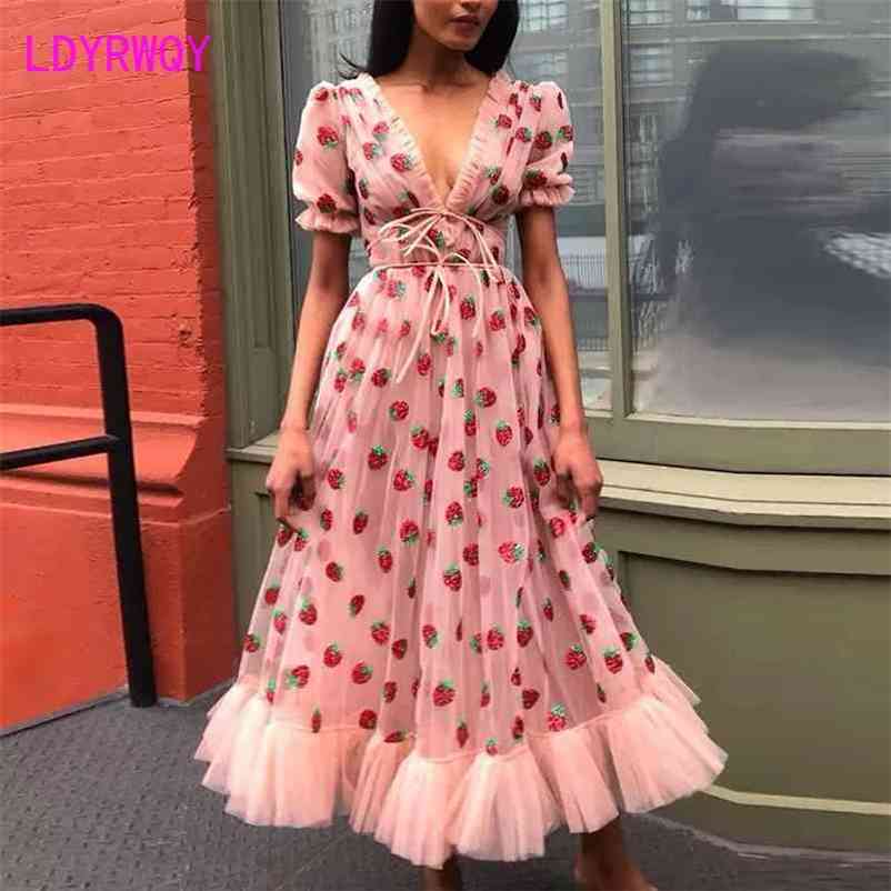 

Strawberry dress early spring French women Office Lady Knee-Length Polyester Chiffon 210603, Pink