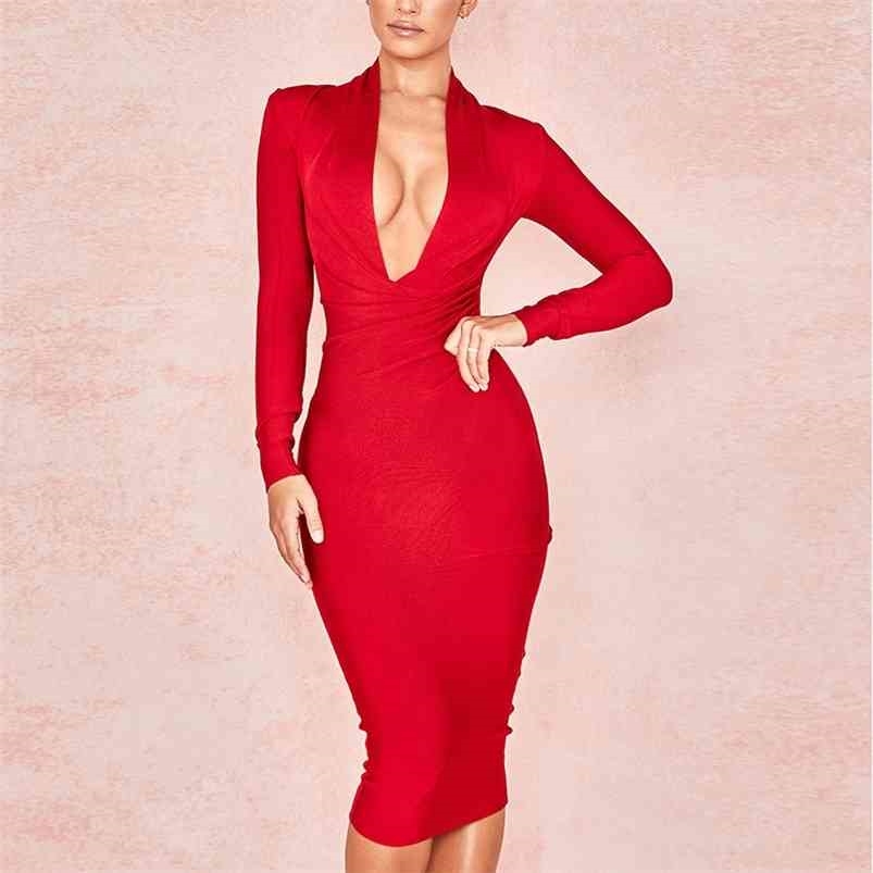 

Summer Deep V Neck Women Bandage Dress Full Sleeves Celebrity Bodycon Sexy Club Vestidos Evening Party es 210701, Brown