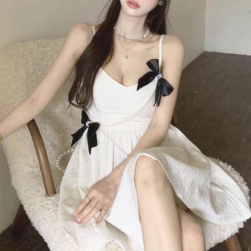 

Casual Dresses Hilardwf Sexy V Neck Korean Elegant Mini 2021 Summer Women Design White Bow Backless Chiffon Females One-piece Dress