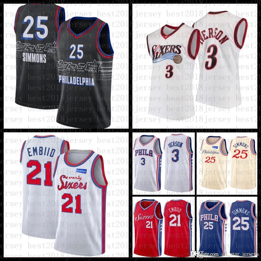 

2021 New Basketball Jersey Mens Philadelphia 76er jersey Allen 3 Iverson Mesh Retro Joel 21 Embiid Ben 25 Simmons Julius 6 Erving, Black;red