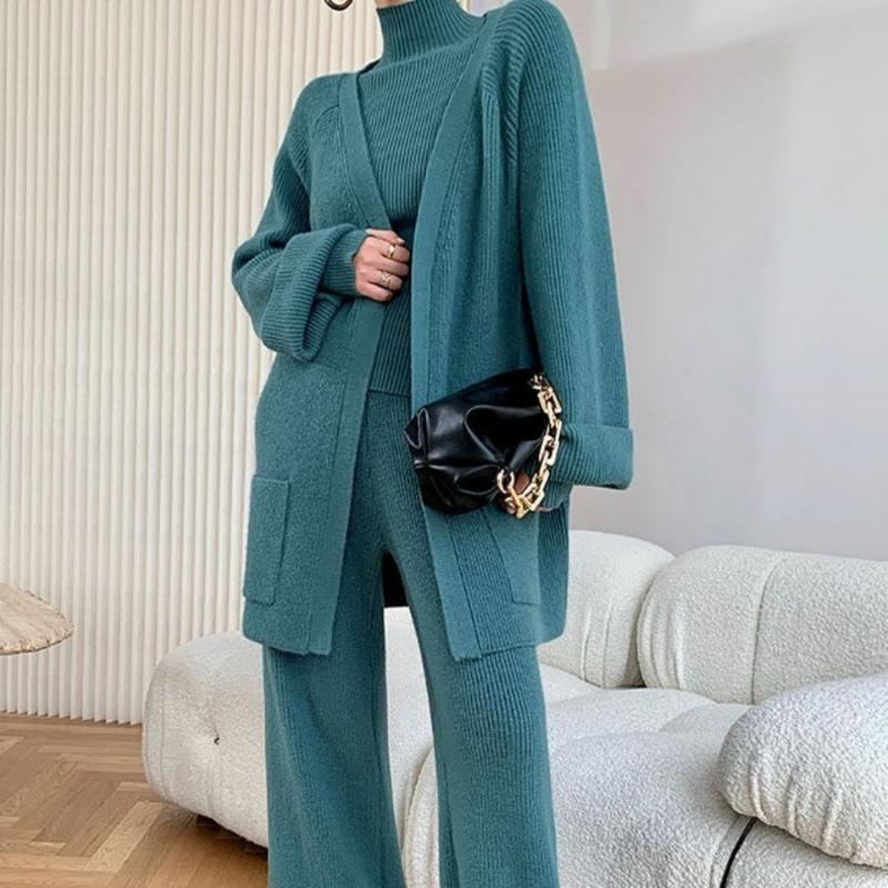 

Women's Two Piece Pants Solid Knitted 3 Pieces Women Suits Autumn Winter 2021 Loose Wide Leg Ankle Length Female Clothing Sets, White