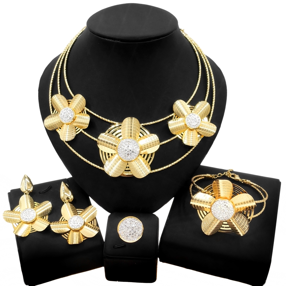

Yulaili Latest Shiny Crystal Fan Shape Necklace Set Fashion Women's Wedding Dinner Bracelet Earring Ring 4 pieces Jewellery Sets HS21081625, Golden