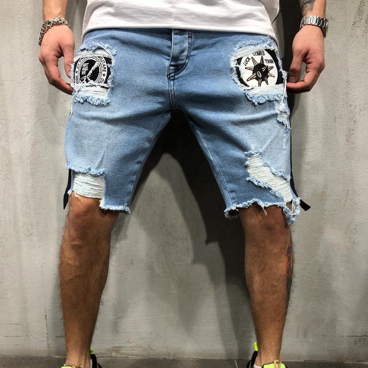 

2021 New Men Hole Embroidered Short Jeans Slim Knee Length Male Casual Thin Summer Denim Pants Classic Gns4 YR5F, Lf1906