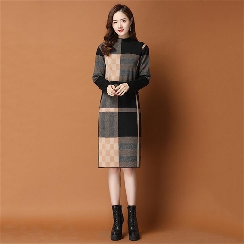 

Dress For Women Autumn Casual Knitting Sweater Plaid Patchwork Turtleneck Pullover Bottom Knee-Length Female Vestidos 211109, Camarel