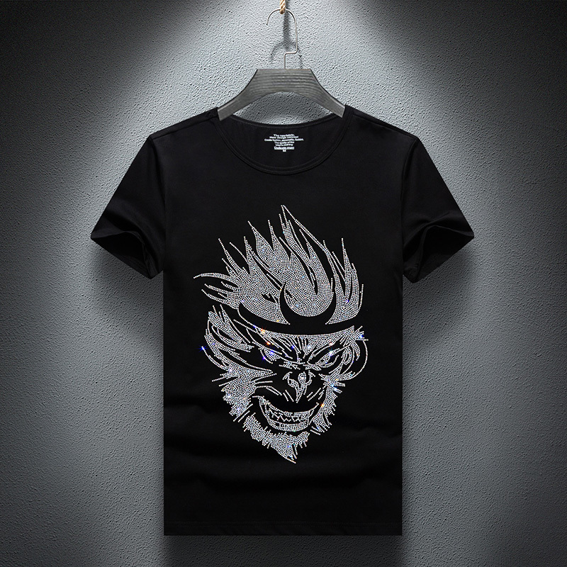 

2021 New Summer Rhinestones t Shirts Men Short Sleeve Fashion Man Streetwear o Neck Slim Cotton Casual Tshirts Plus Size S-7xl 0869, Beige
