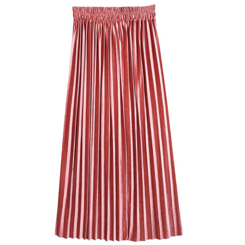 

Skirts 2021 Spring Arrival Big Swing Faldas Largas Elegantes Elastic Waist Velvet Pleated Skirt 7 Colors Available, Black