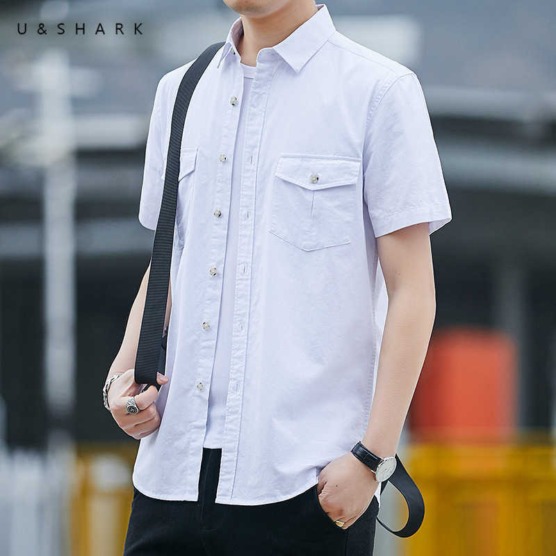 

U&SHARK Summer White Shirt Short Sleeve Men Fashion Clothing Classic Retro Style Organ Pocket Casual Shirt Cotton Men Blouse 210603, Yellow