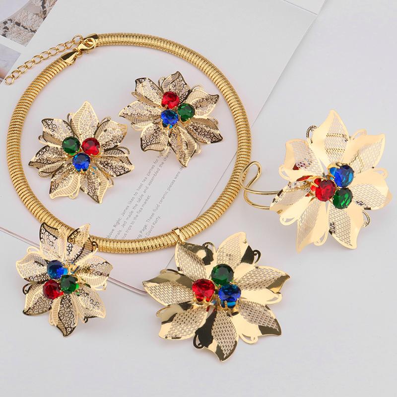 

Earrings & Necklace 2021 Trendy African Jewelry Sets For Women Flower Shape Dubai Gold Color Wedding Party Bridal Luxury Quality, Silver