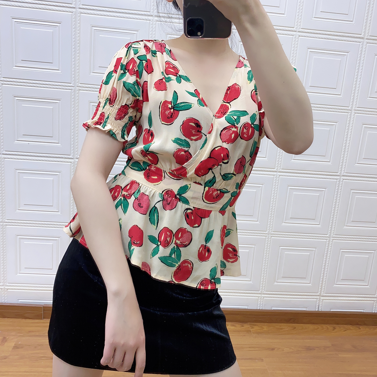 

2021 New Nova Moda Com Decote Em v Print Camisa Feminina Senhoras Solto Manga Fina Cintura Viscose Blusa e Topo 8yf0, Black
