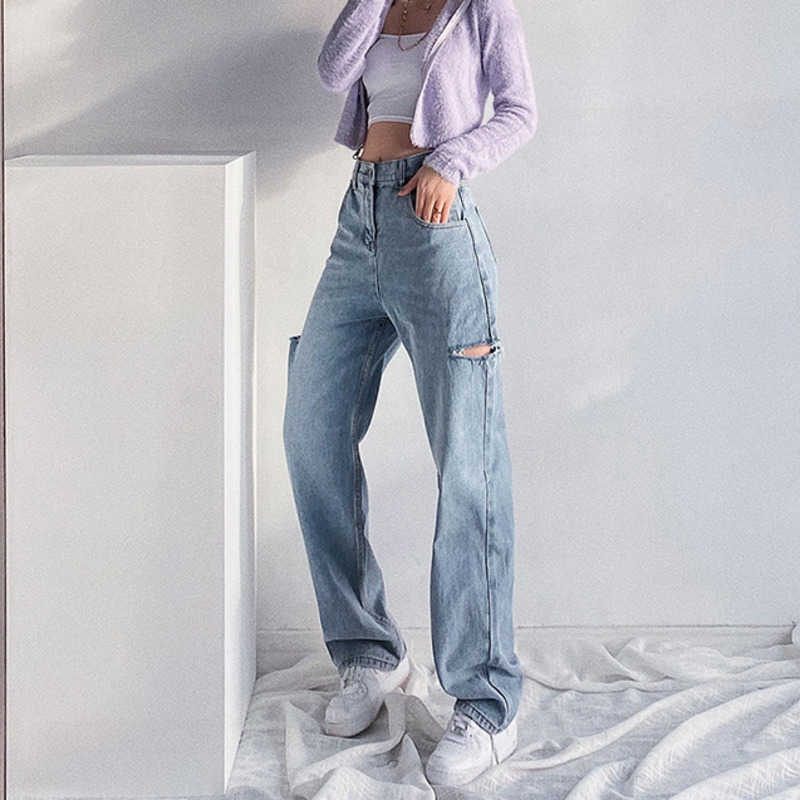 

WOMENGAGA Chic Hole Women's Denim Jeans Spring European BF Wind Loose Ripped Legs High Waist Wide Leg Trousers LDX8 210603, Light blue