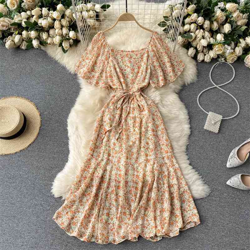 

Women Sweet Floral Lace Up Waist Ruffles Dress Short Sleeve Square Collar Slim Fashion Spring Summer 11B754 210525, Khaki flower