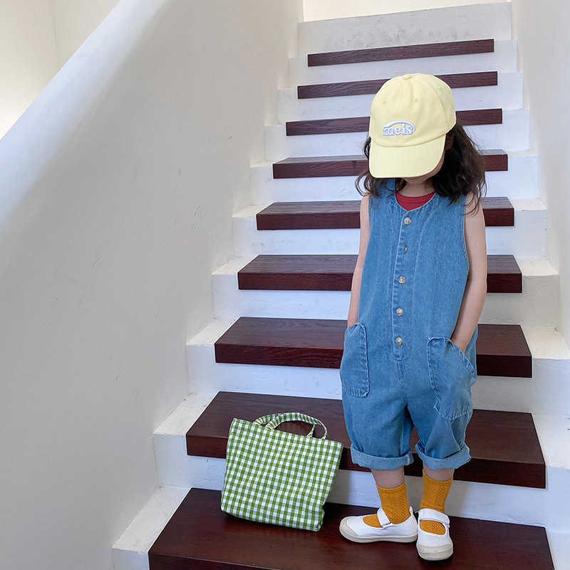 

Summer unisex loose sleeveless denim bodysuits Boys and girls oversized casual coveralls 210722, Blue