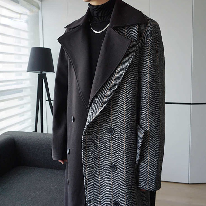 

2021 Autumn Winter Fashion Color Block Patchwork Medium Long Woolen Coat Men's Loose Trend Bandge Long Coat With Belt, Black