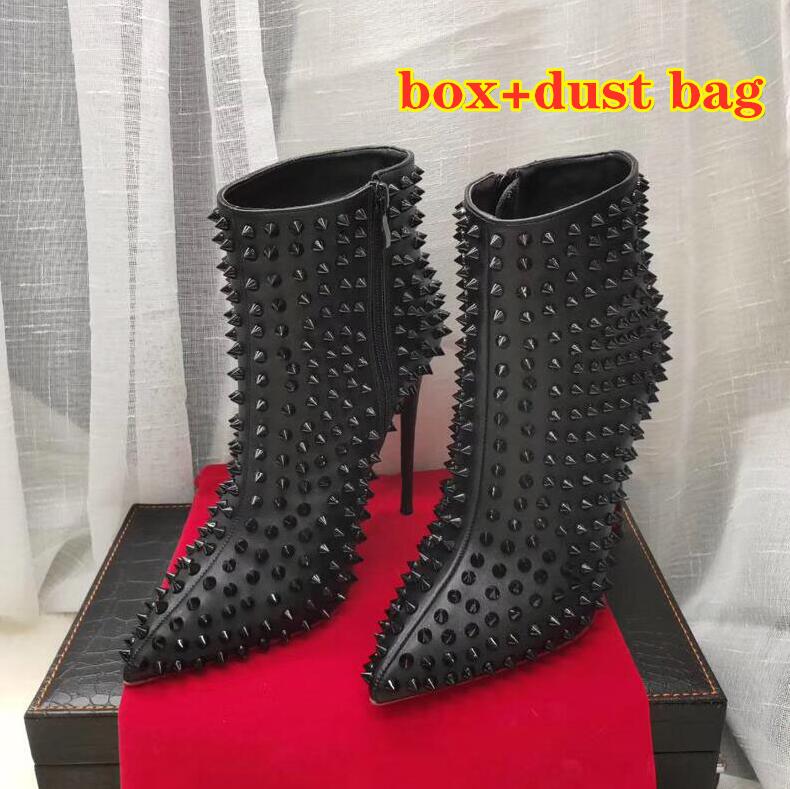 

Women Rivets High Heel Bottoms Booties Pointed Toe 12cm Thin Heel Black Motorcycle Spikes Boots Luxury Designer Scarpes Women Shoes