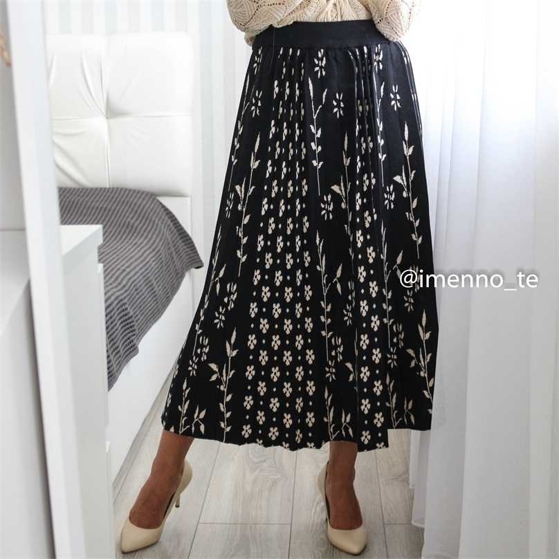 

GIGOGOU Floral Printing Women Sweater Skirts Winter Thick Warm A Line CHIC Autumn Long Knitted Midi Pleated Ins 211109, Black
