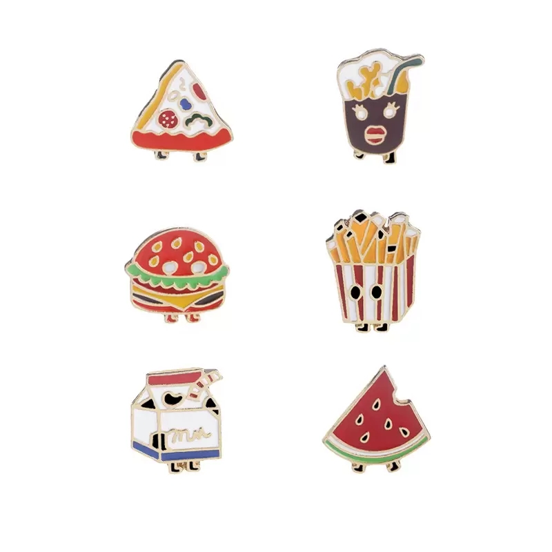 

Children Cartoon Enamel Brooch Pins watermelon milk Burger Cola French fries Pizza Creative Lapel Brooches For Kid Fashion Jewelry, Mixed colors
