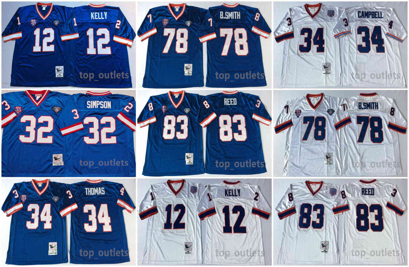 

Buffalo Bills American Football Retro Jerseys 12 Kelly Jersey 32 Simpson 34 Thomas Campbell 78 B.Smith 83 Reed White Blue Color Stitched Breathable, Black;red
