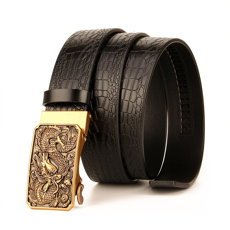 

2021 New Brand Mens Belts with Luxury Golden Dragon Alloy Buckle Brown Real Genuine Leather Belt Men Casual Automatic Waist Strap Rj2w, Black