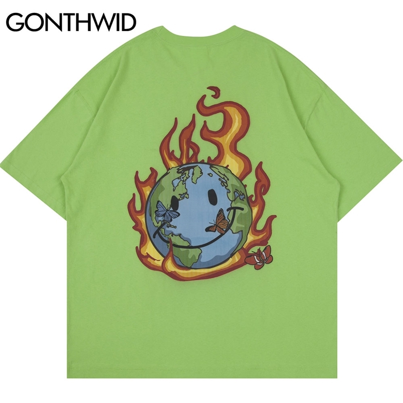 

Tshirts Streetwear Fire Flame Earth T-Shirts Harajuku Mens Hip Hop Casual Cotton Short Sleeve Tops Tees 210602, Green