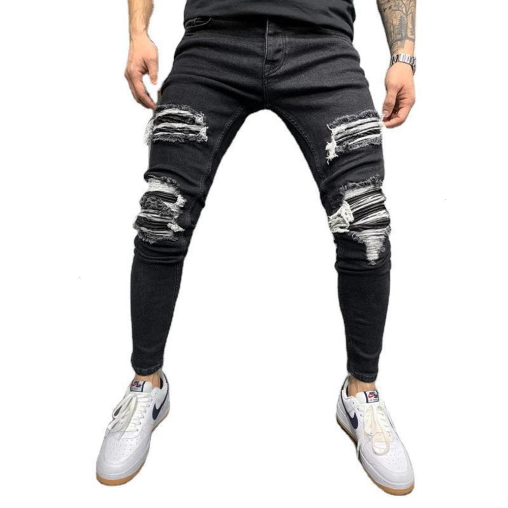 

2021 new men's knee fold tear blue washed jeans pants