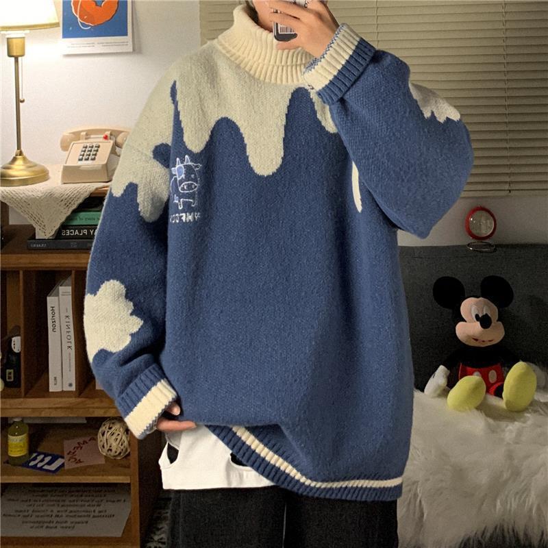 

Men's Sweaters Turtleneck Sweater Long-sleeved Embroidery Animal Kawaii Men's/women's Jackets Winter Thickening Warm Loose Ko, White;black