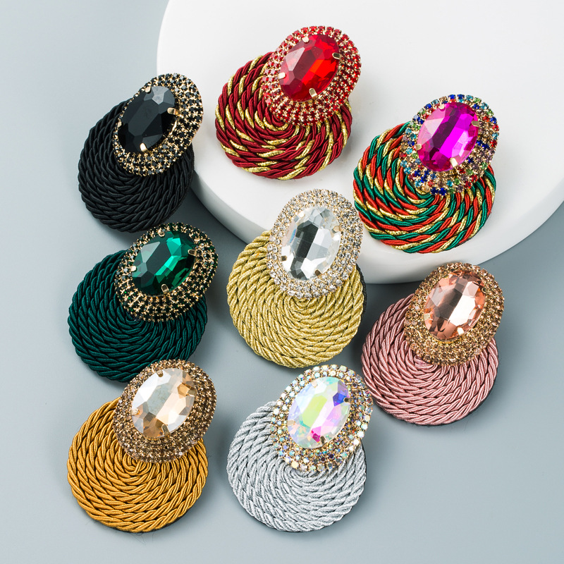 

Charm European And American Style Colorful Crystals Series Exaggerated Personalized Oval Glass Drill Earrings Handmade Lines Woven Ear Studs Earri