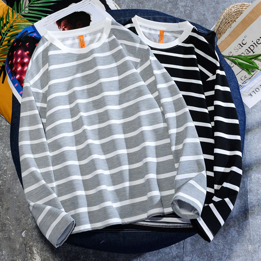 

2021 spring new casual stripe long sleeve top for men, Black