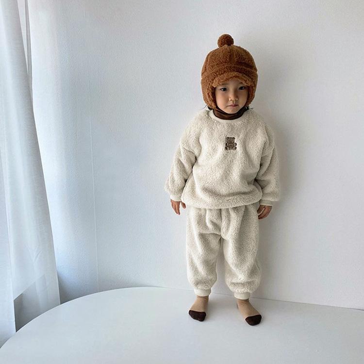 

Clothing Sets 2021 Autumn Winter Children Home Service Suit Warm Coral Fleece Clothes Kids Two-piece Pajamas Set Cute Plush Boys, White
