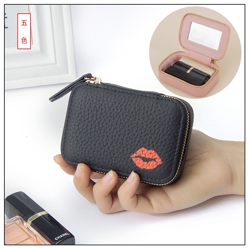 

Leather Mini Mouth Red Portable Makeup Bag with Mirror, Black
