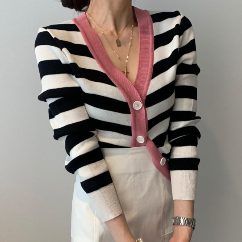 

Women's Knits & Tees Autumn Winter V Neck Long Sleeve Sueter Mujer Vintage Elegant Office Lady Sweaters Outwear Women Striped Cardigans, White