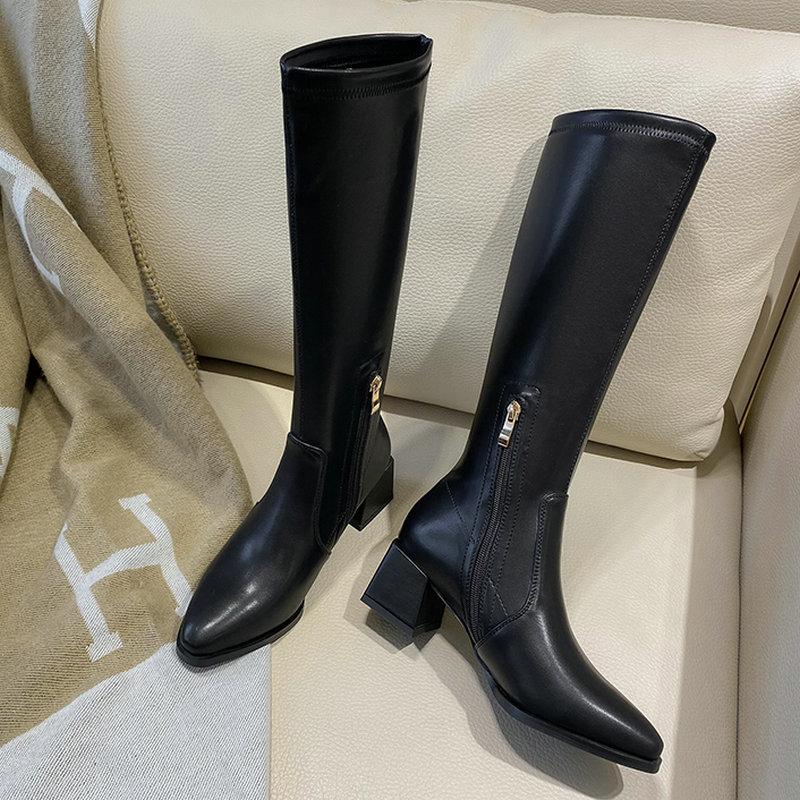 

Boots 2021 Fashion Pointed Toe Women Autumn College Style Comfy Square Heel Lady Shoes Black Beige Color Knee High, Black plush