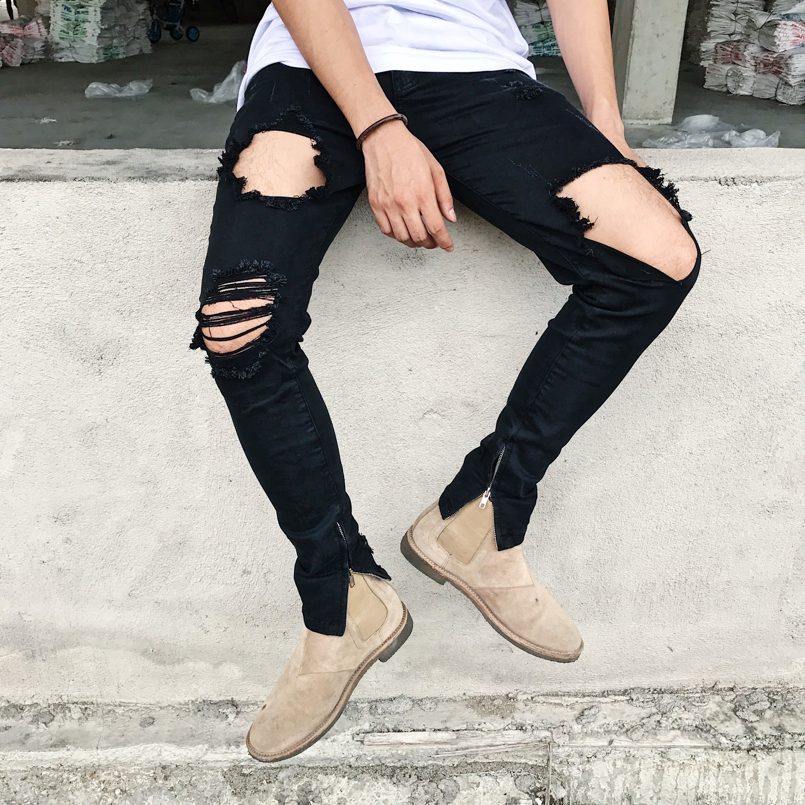 

New Men's Male Fashion Trousers Ripped Jeans Slim Feet High Street Beggar Pants Pencil Men QIIG, Blue