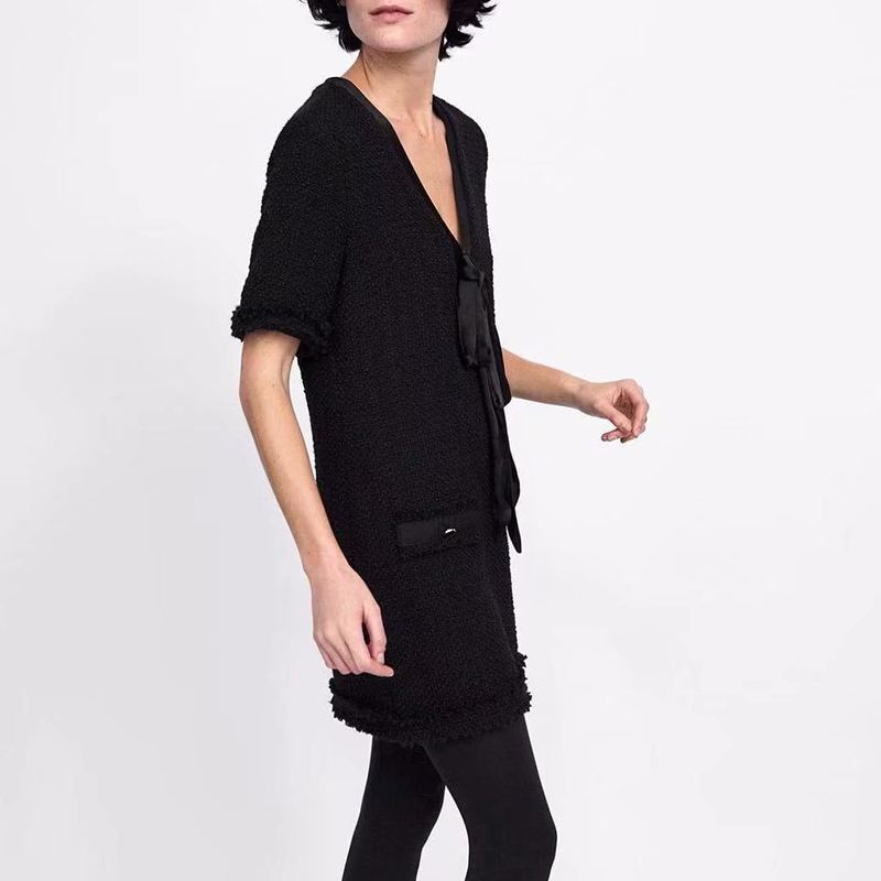 

Women Spring Short Sleeve Bow Tie Mini Dress Vintage Female V-Neck Sexy Straight Dress Casual Retro Lady Zipper Dress, Black;gray