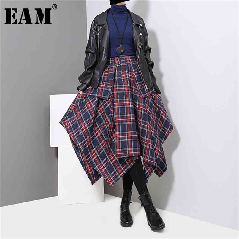 

[EAM] Spring High Waist Red Plaid Split Joitn Loose Big Hem Half-body Skirt Women Fashion All-match JD402 210702, Blue red