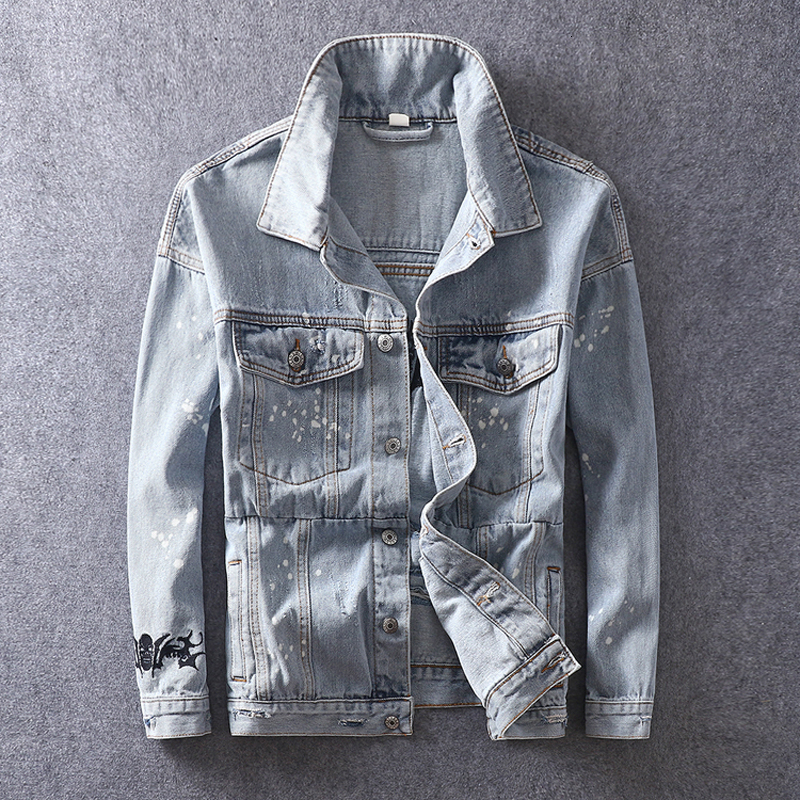 

2021 New Europeu Americano Moda Masculina Casacos Bat Crnio Bordado Designer De Punk Jaquetas Jeans Rasgado Homens Casaco Jaqueta Streetwear, Gray blue