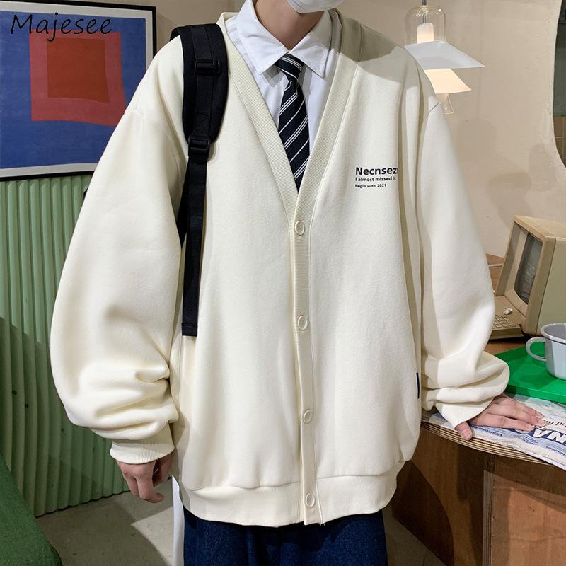 

Men's Sweaters Basic Cardigan Men Letter Simple Loose Soft Leisure Knitted Trendy Outwear Autumn Students Couple All-match Males Chic, White;black