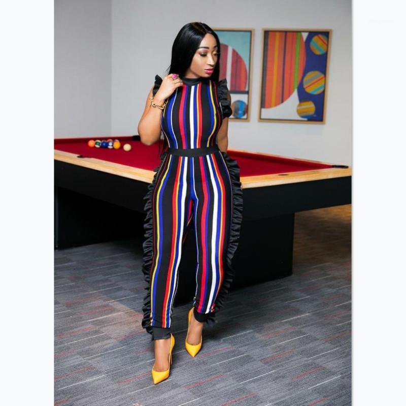 

Women' Jumpsuits & Rompers Imcute Women Ruffles Stripes Print Jumpsuit 2021 Sexy Sleeve High Waist Trousers Romper O-neck OL Bodycon