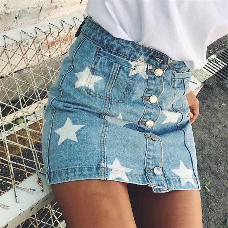 

BOHO INSPRIED stars print denim skirt for women button high waist mini sexy girl skirts womens cotton chic denim women skirt new 210311, Blue