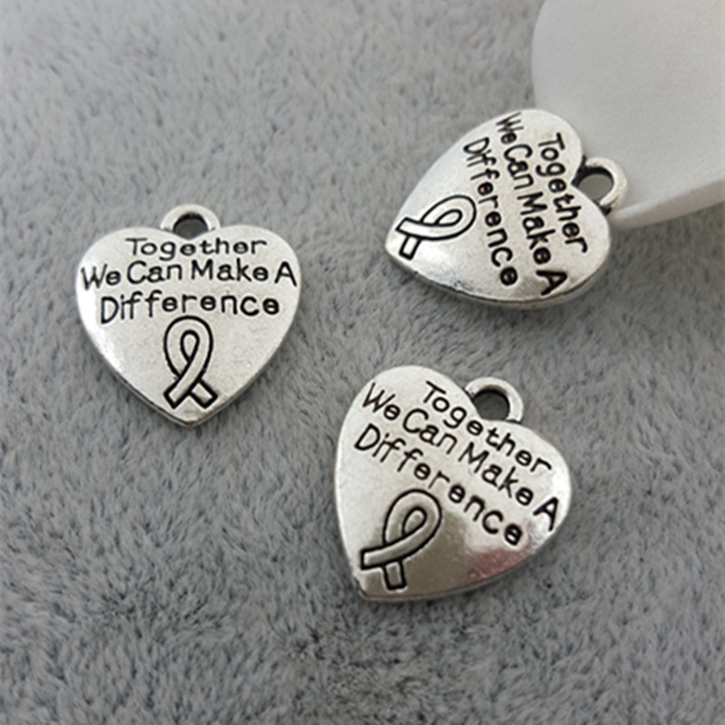 

18*16MM " Together we can make a difference" jewelry heart ribbon breast cancer awareness charm, antique silver color charm