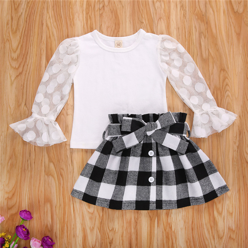 

1-6Y Fashion Children Girls Clothing Sets Autumn Kids Girls Lace Mesh Flare Sleeve T-shirts+Plaid A-line Skirts Xmas Clothes, Black