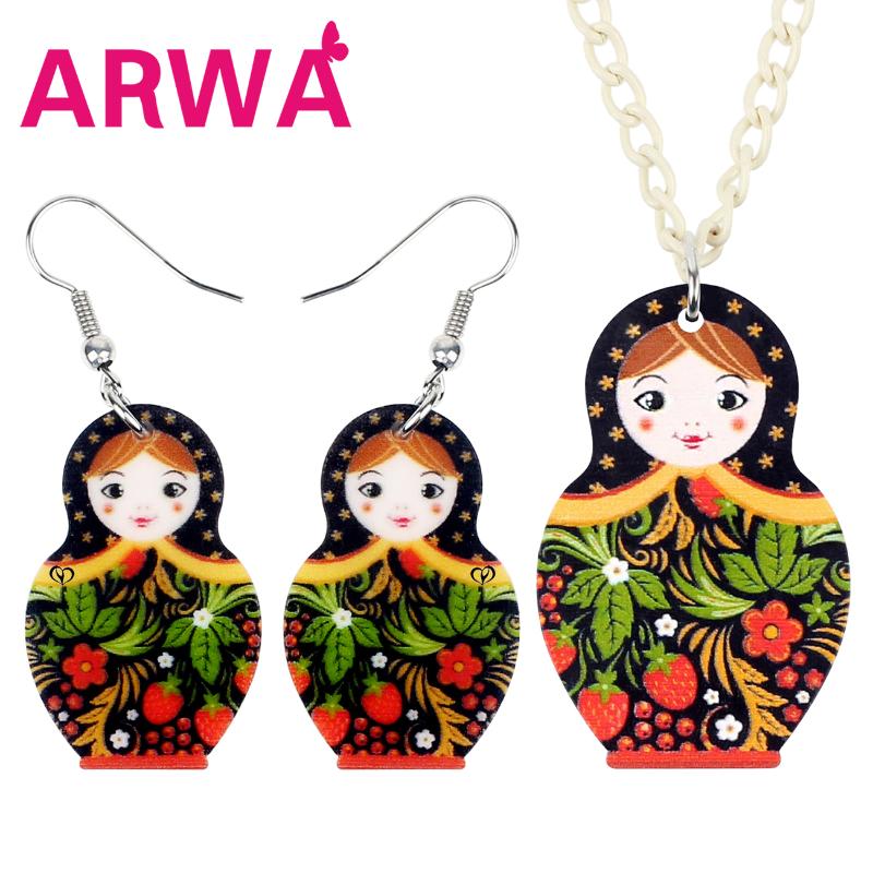 

Earrings & Necklace ARWA Acrylic Russian Matryoshka Doll Jewelry Sets Lovely Toy For Women Friends Teens Retro Gift Accessories, Silver