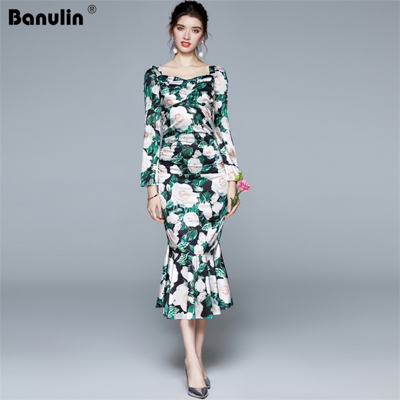 

Banulin Autumn Fashion Runway Long Sleeve Dress Winter Women's Elegant Ruffles Floral Print Mermaid Party Bodycon 210603, Green