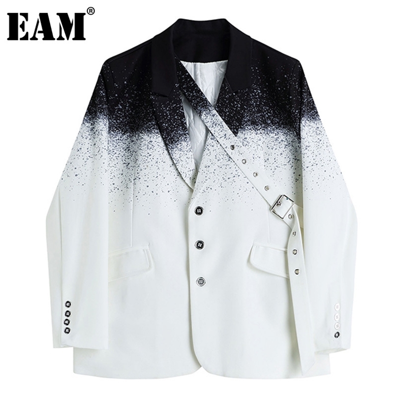 

[EAM] Women Casual Gradient Spliced Belt Blazer Lapel Long Sleeve Loose Fit Jacket Fashion Spring Autumn 1DD8788 211019, White
