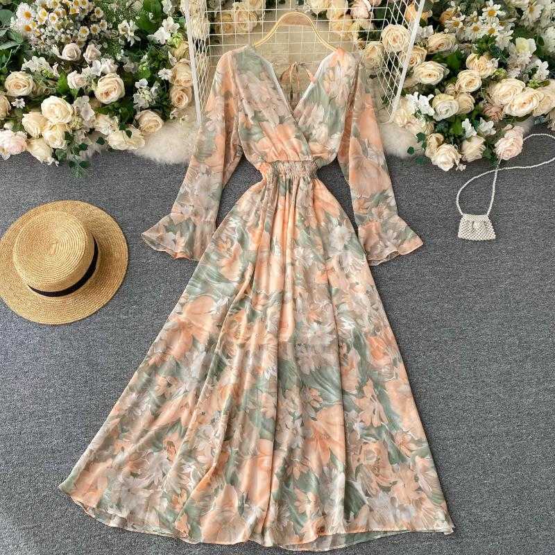 

Bohomian Floral Long Dress For Women Sexy V-Neck Flower Printed High Waist Flare Sleeve Vestidos Casual A-Line Autumn Robe 2020 Y0603, Apricot